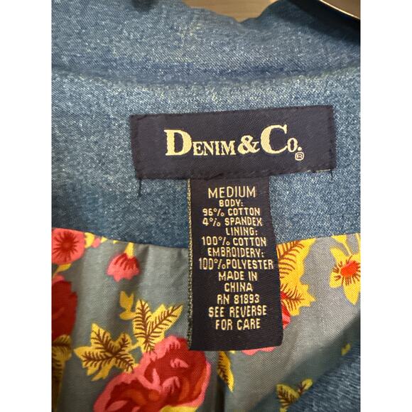 Denim & Co Embroidered Jean Jacket Blazer Floral Sleeves Floral Lining Sz M - Picture 5 of 7